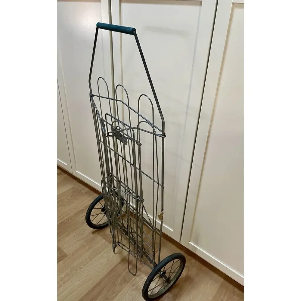 Vintage Folding Shopping Cart French Market Metal Laundry Basket Towel Storage